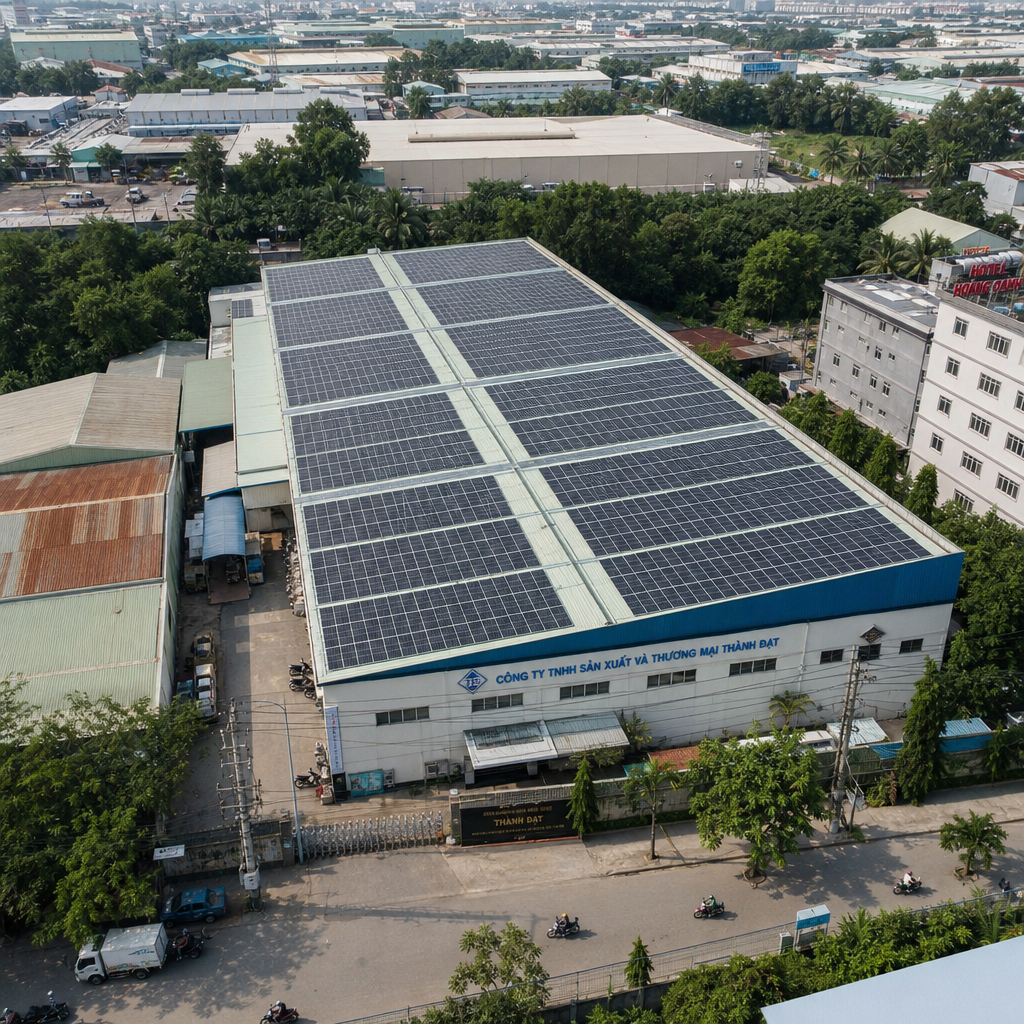 Nhà máy lắp điện mặt trời mái nhà nhìn từ trên cao
