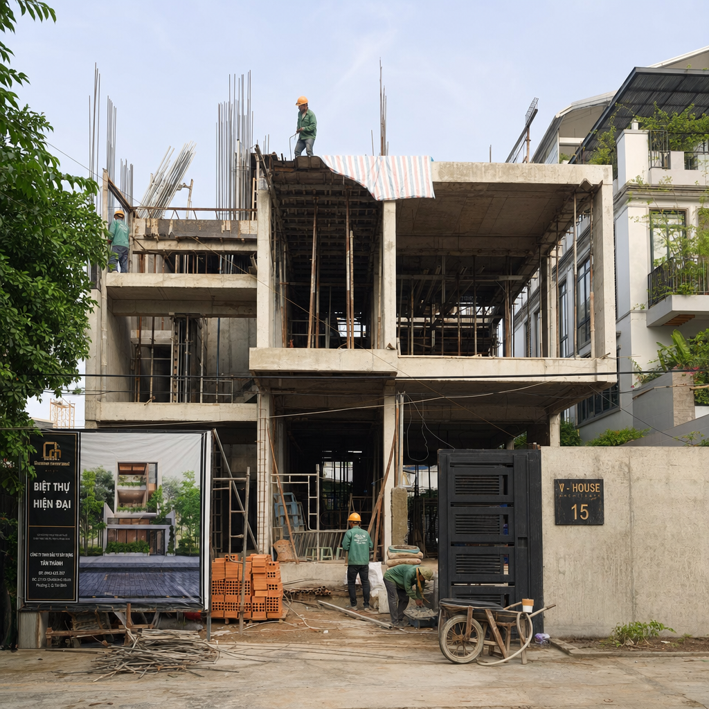 Công trường thi công nhà ở hiện đại với công nhân Việt